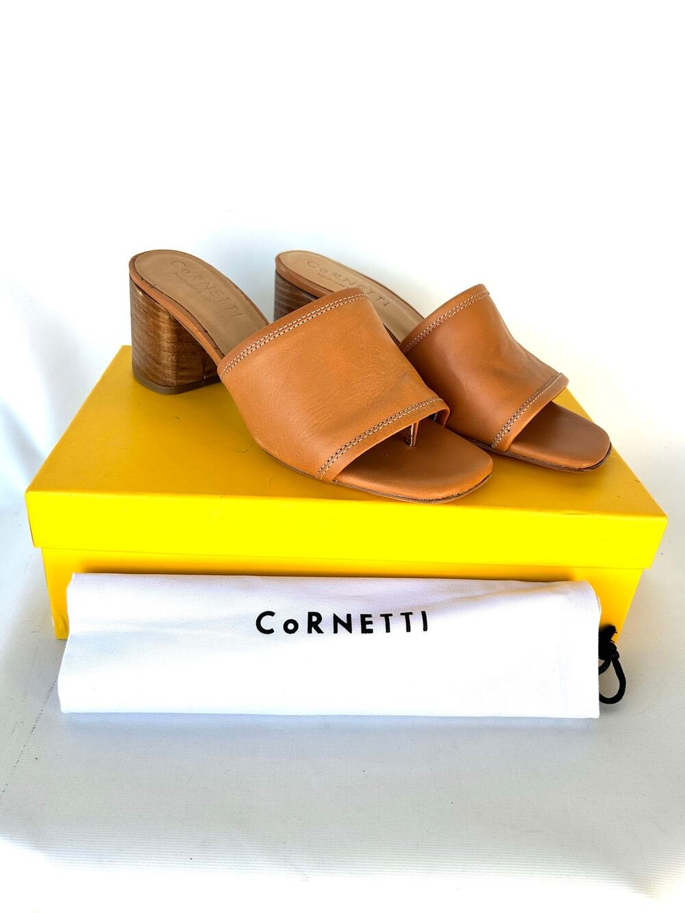 Cornetti Mama Lucia Mules Sandals Heels Camel Tan 37 Box Slides Slip On 7